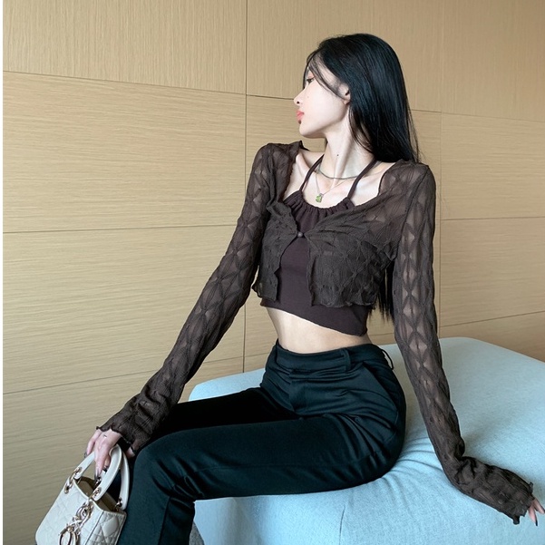 Porozi  Áo khoác cardigan  dệt kim mỏng tay dài phong cách Hàn Quốc thời trang dành cho nữ