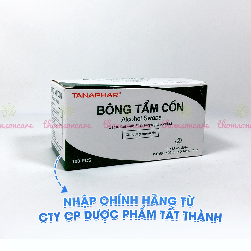 Bông tẩm cồn sát trùng TANAPHAR - Bông cồn khô khử khuẩn, sát khuẩn tay nhanh hộp 100 gói tiện lợi