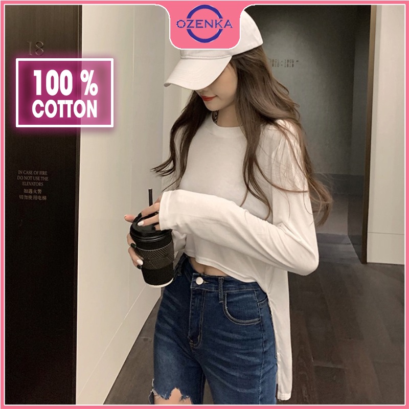 Áo thun croptop kiểu lệch gấu nữ OZENKA , áo crt tay dài phom rộng cottong 100% màu đen trắng mặc đi học đi chơi