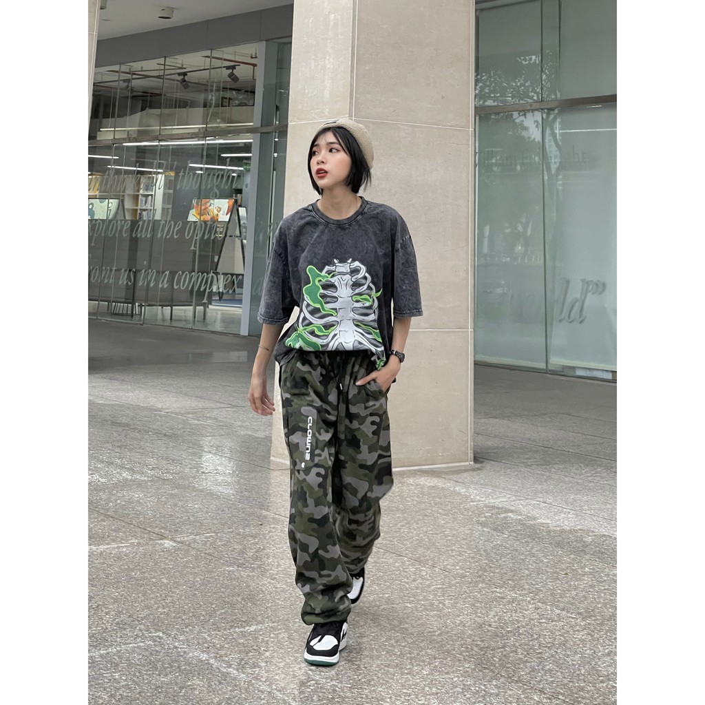 [FULLTAG CHÍNH HÃNG] Áo thun tay lỡ unisex Clownz Flamy Skull Washed T-Shirt (xương xám) form rộng, chất cotton | BigBuy360 - bigbuy360.vn