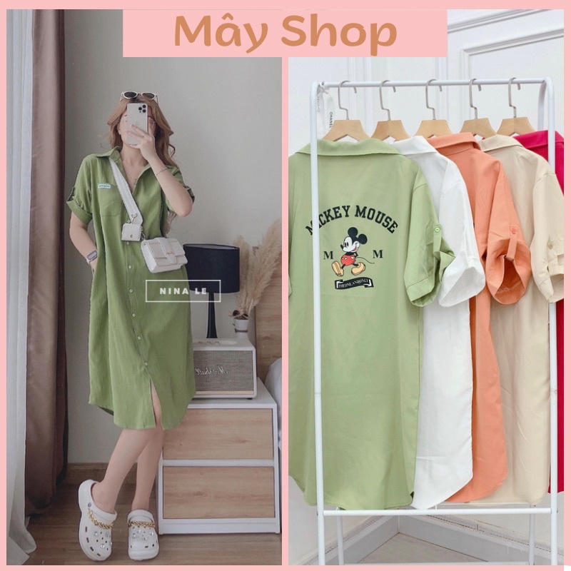 Váy sơ mi mickey tay lỡ,đầm dáng suông chất thô mềm mát và đũi quảng châu loại đẹp form thụng