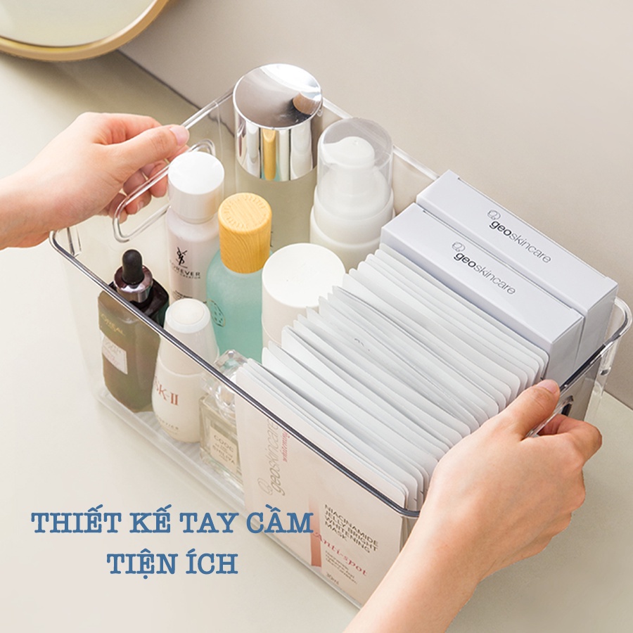 Khay Trong Suốt Đựng Đồ Để Bàn Đa Năng Có Tay Cầm Đựng Mỹ Phẩm Đồ Dùng Học Tập