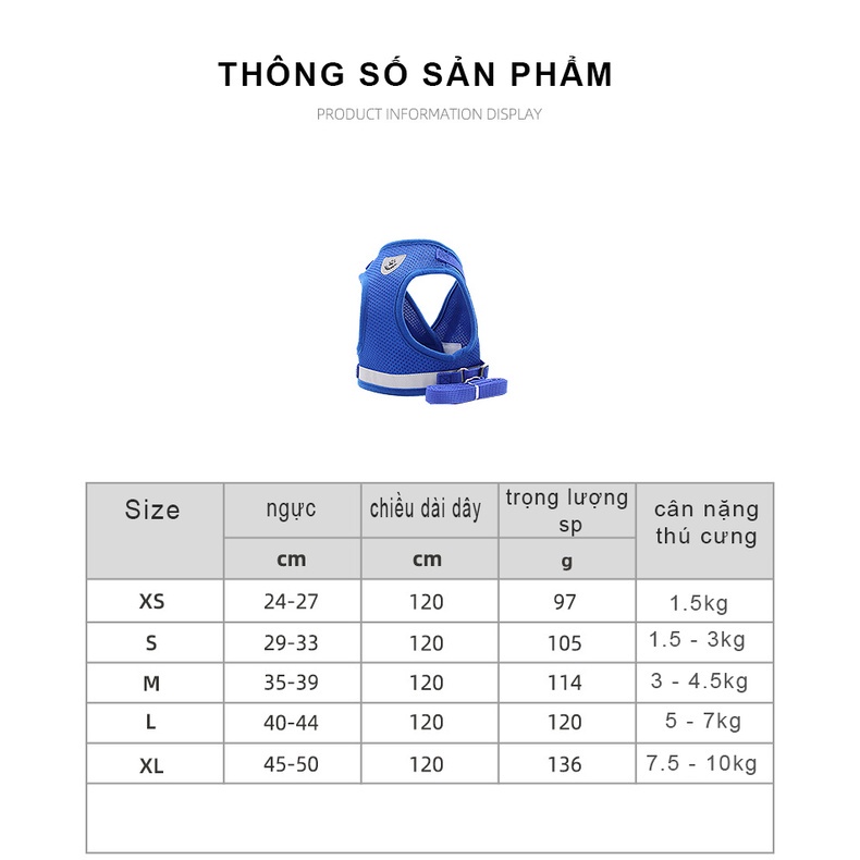 Yếm dắt chó Yeupet kèm dây chắc chắn thoáng khí có viền phản quang đi dạo ban đêm.