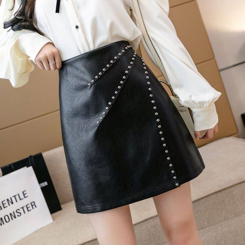 Chân Váy Da Chữ A Lưng Cao Đính Hạt Thời Trang Cho Nữ
