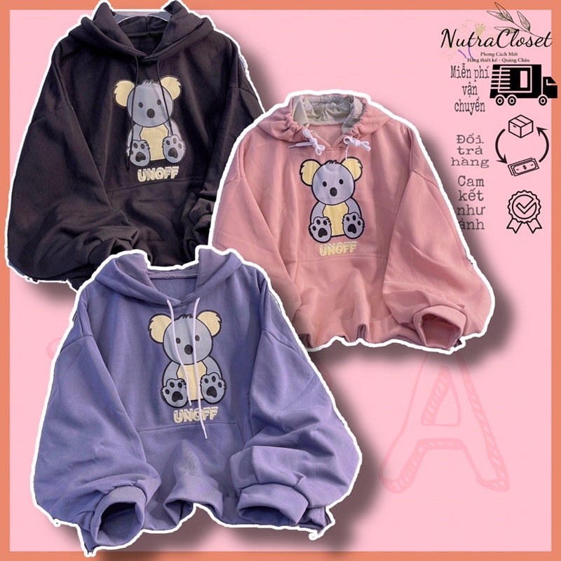 Áo khoác chui đầu hoodie nỉ ngoại tay phồng in gấu gola unisex ulzzang nam nữ