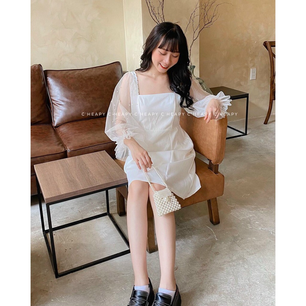 Đầm xòe cổ vuông tay lưới bi xinh xắn có mút ngực