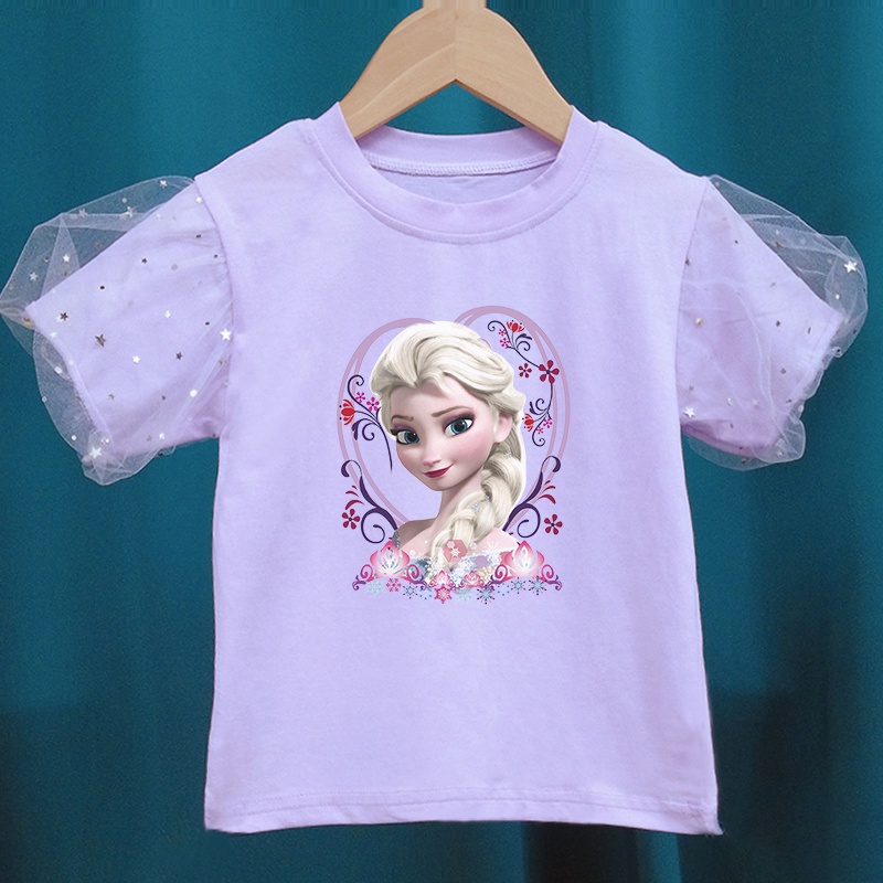 Áo Thun Tay Phồng 100% Cotton Thoáng Khí In Họa Tiết Hoạt Hình Elsa Xinh Xắn Cho Bé Gái