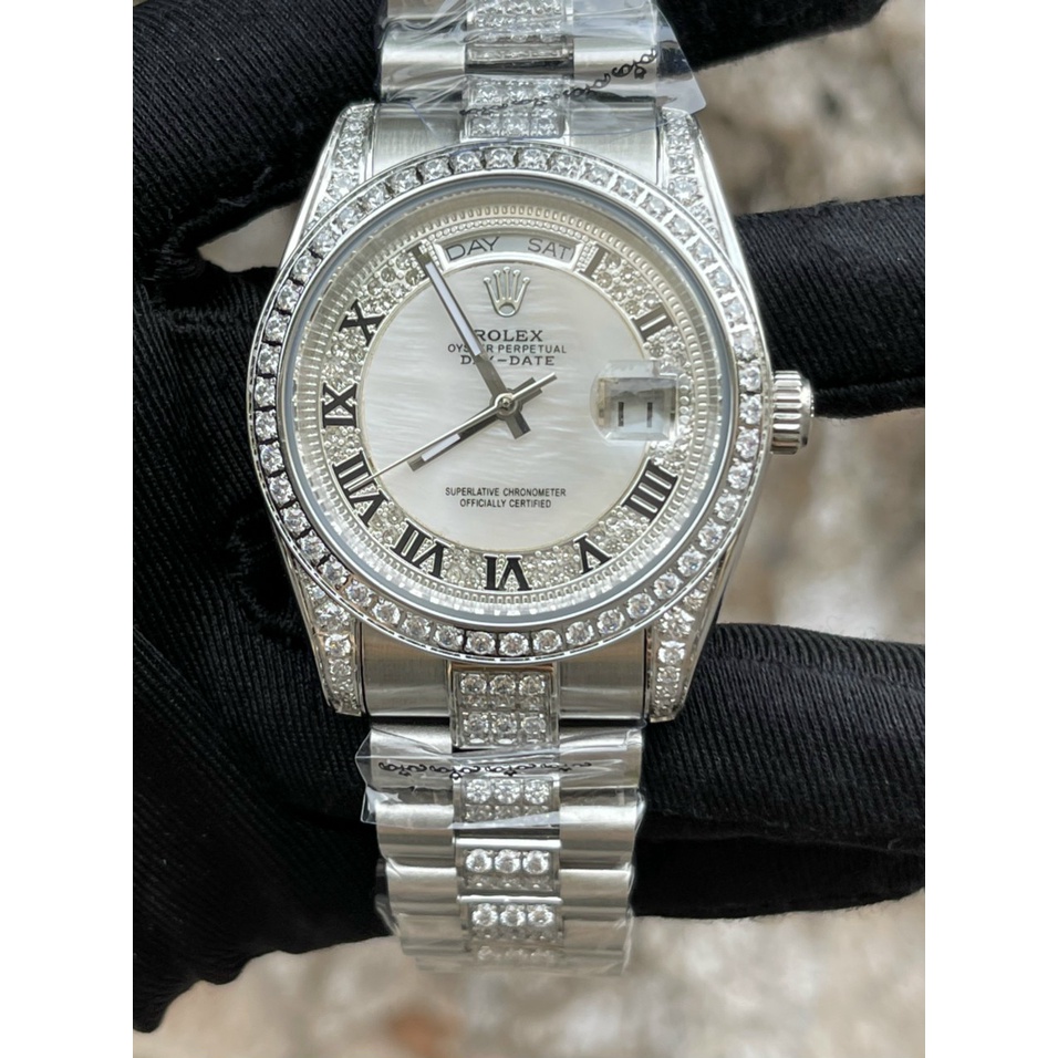 Đồng hồ Nam Rolex vuông cơ automatic  6kim trăng sao mặt vuông size 40-41 dây kim loại mặt trắng vỏ vàng