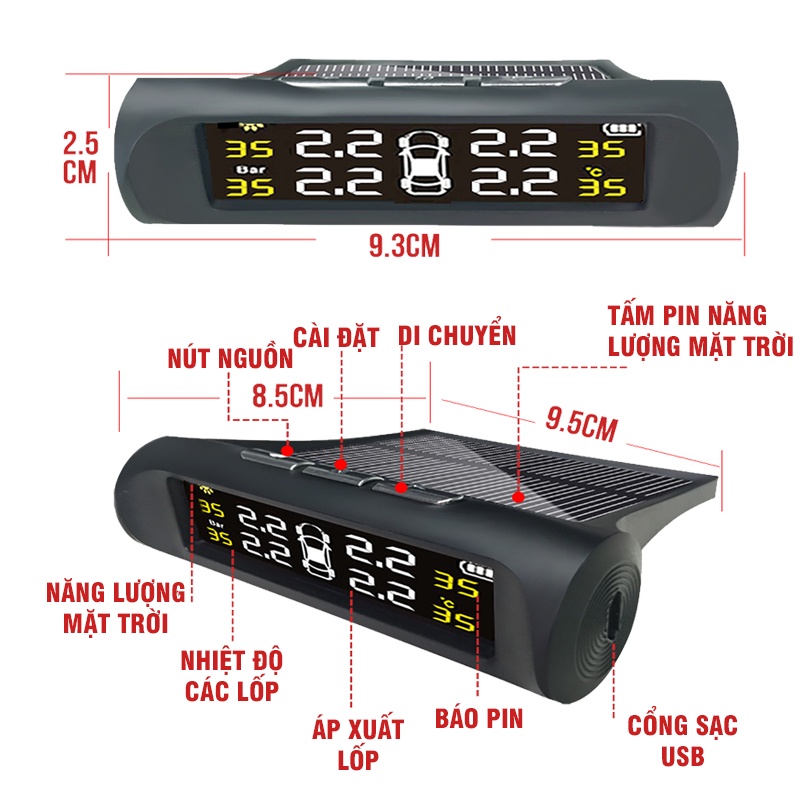 Cảm Biến Áp Suất Lốp Ô Tô Xe Hơi Gắn Ngoài Tiện Lợi, Pin Sạc Năng Lượng Mặt Trời, Màn Hình LCD Cao Cấp