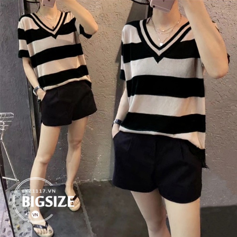 Sét bộ đồ nữ Bigsize Áo thun form rộng tay ngắn cổ chữ v kết hợp quần short quần đùi lưng cao cạp cao mùa hè Phong cách Hàn Quốc Thời Trang đi Chơi sang chảnh cá tính cho người mập béo
