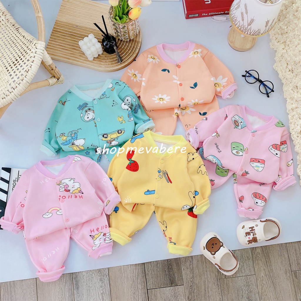 Bộ nỉ lót lông dài tay cho bé trai bé gái 3-13kg, cúc giữa hàng đẹp - BO79