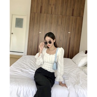 JANET STUDIO • Áo cổ vuông 3 thun eo trắng