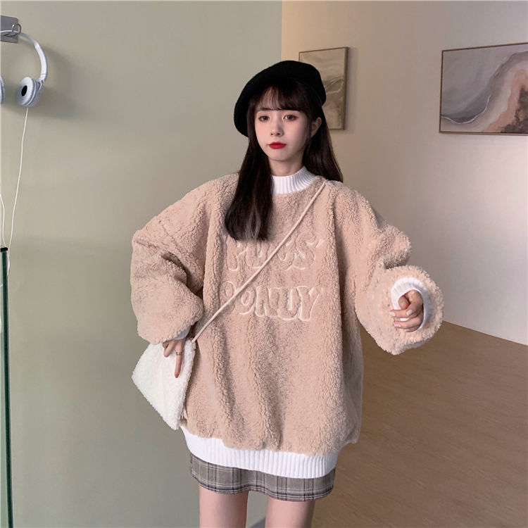 Áo Hoodie Vải Nhung Dày Dặn Dáng Rộng Có Thêu Hoạ Tiết Đơn Giản Xinh Xắn Cho Nữ