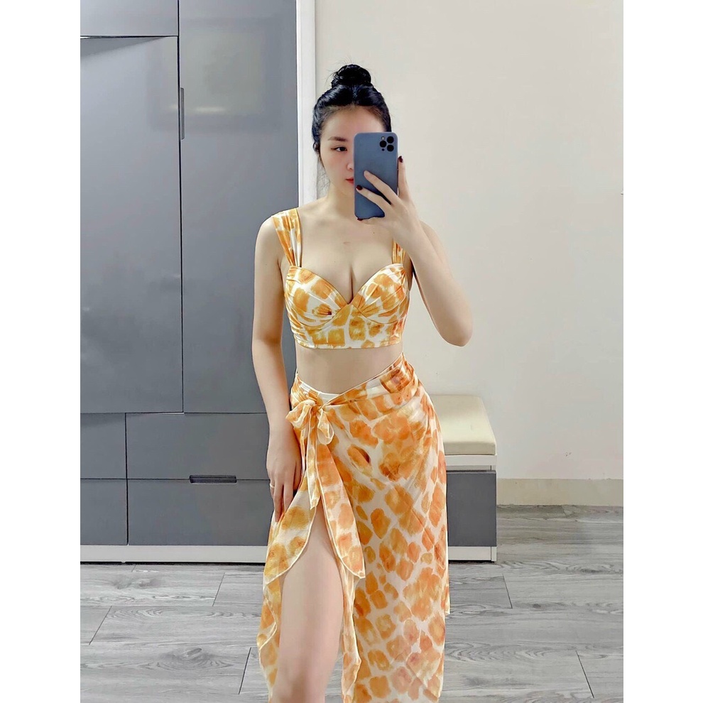 Bikini set 3 món# Đồ bơi đi biển hoa cam kèm khăn mẫu mới BM-118 | BigBuy360 - bigbuy360.vn