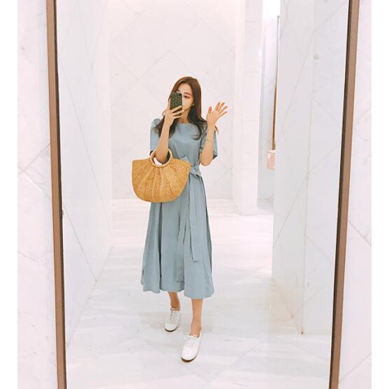 33555   Simple solid round neck short sleeves midi dress