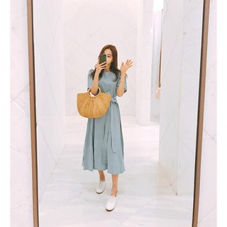 33555   Simple solid round neck short sleeves midi dress