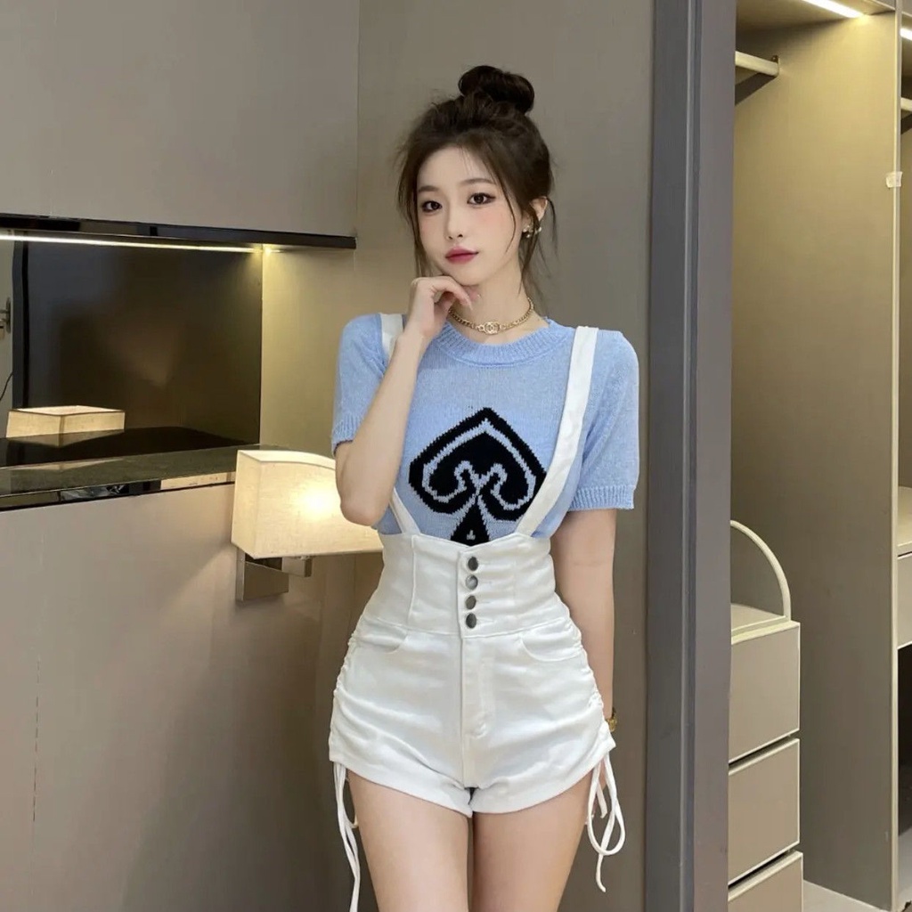 Jiashucheng Quần Yếm Denim Ngắn Hai Dây Lưng Cao Dây Rút Bên Ngực Có Thể Tháo Rời Phong Cách Mùa Hè Cho Nữ