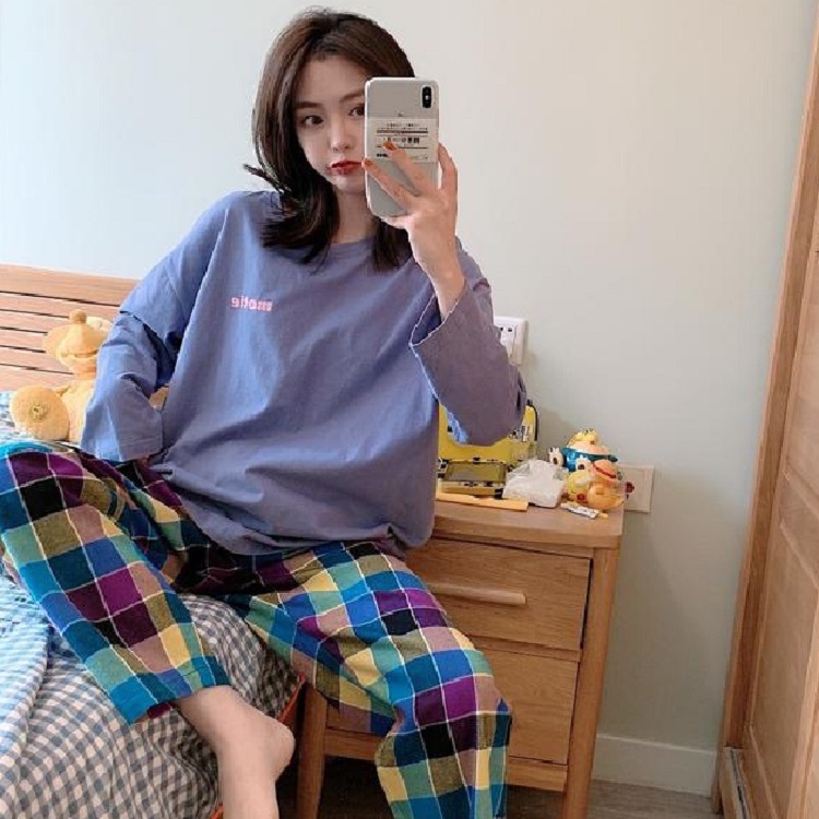 Bộ Đồ Ngủ Pijama Tay Dài Dáng Rộng Màu Sắc Tương Phản Thời Trang Xuân Thu Phong Cách Hàn Quốc Cho Nữ