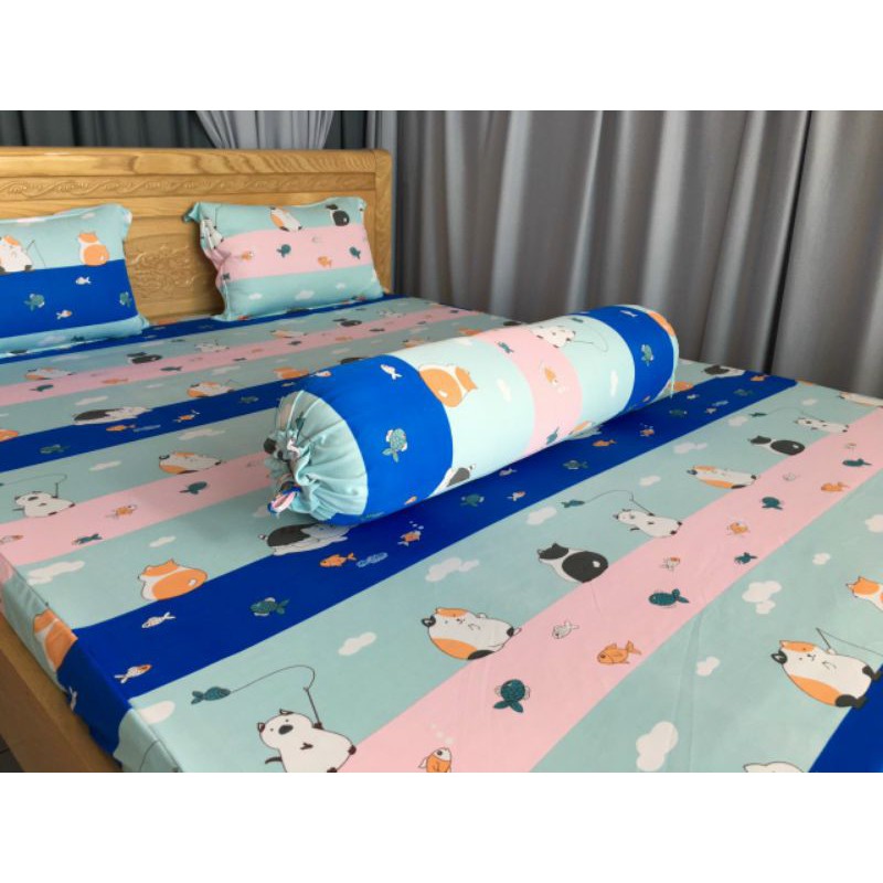 Bộ ga giường thun Hàn mẫu mèo câu cá