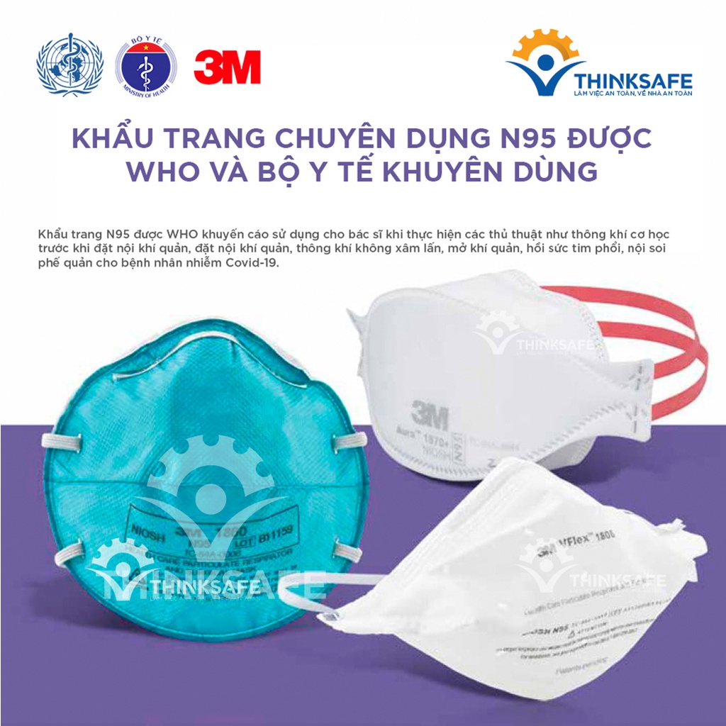 Khẩu trang 3M 1870 đạt chuẩn N95 dây đeo qua gáy kháng khuẩn bụi mịn dùng trong y tế làm việc Khẩu trang 4D - THINKSAFE