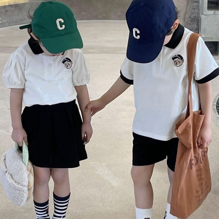 [Babycat] Hàng Có Sẵn Bộ Áo Thun Polo Tay Ngắn Và Chân Váy Ngắn Phong Cách Học Sinh Nhật Hàn Dành Cho Bé Trai Bé Gái Mặc Vào Mùa Hè