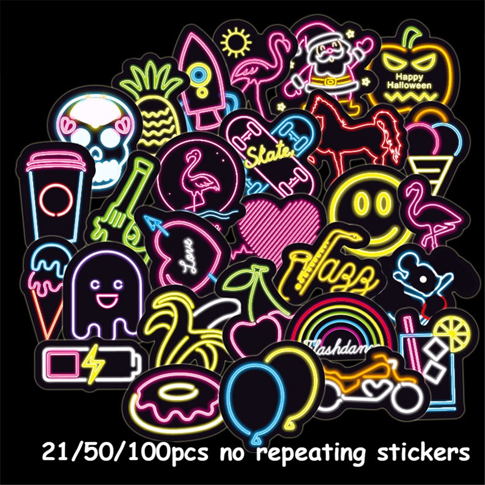 21/50/100pcs no repeating Stationery Vinyl PVC Luggage Decor DIY Craft Photo Laptop Neon Light Stickers