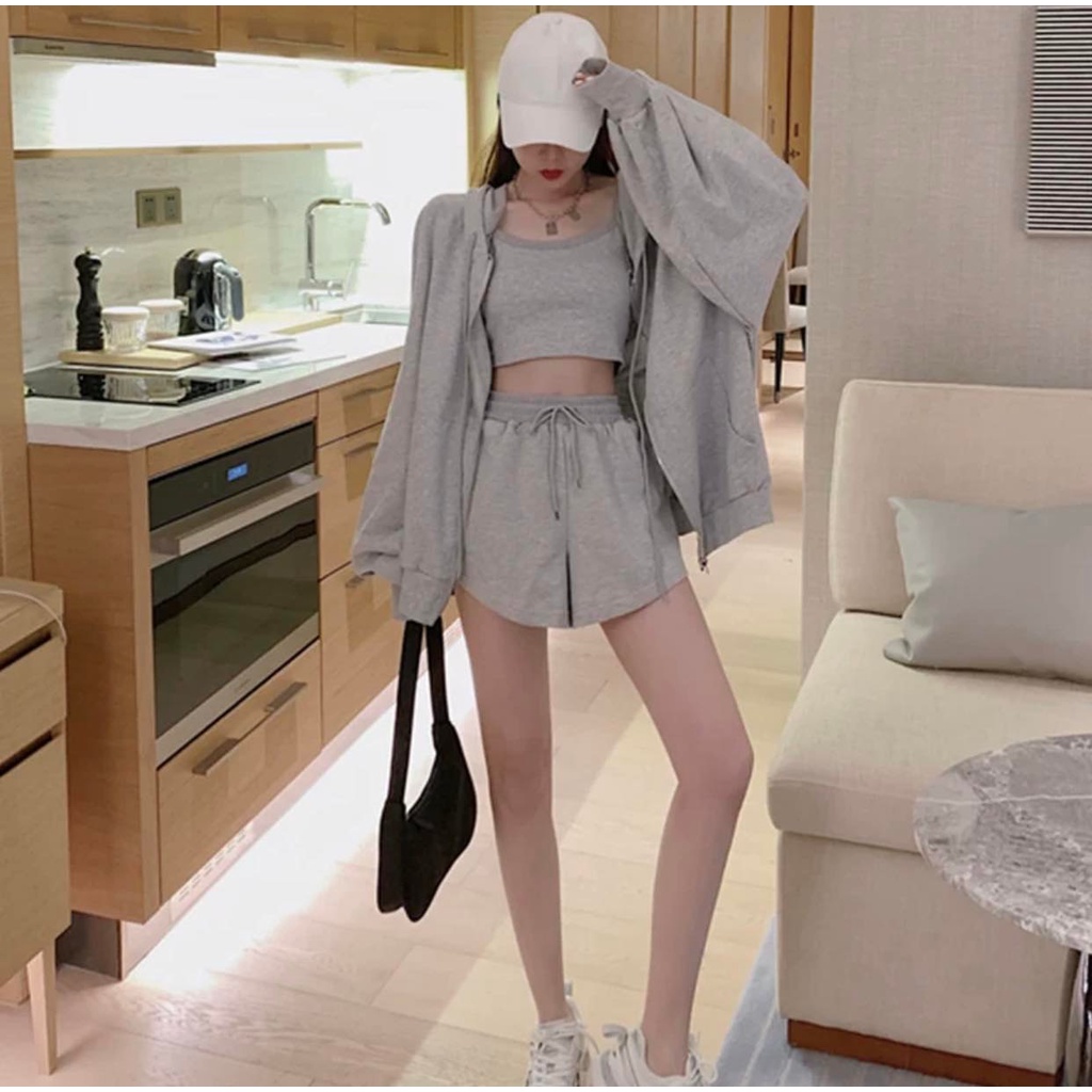 Set 3 món áo khoác hodie áo 2 dây kèm quần short mặc thu đông phong cách cá tính Hàn Quốc