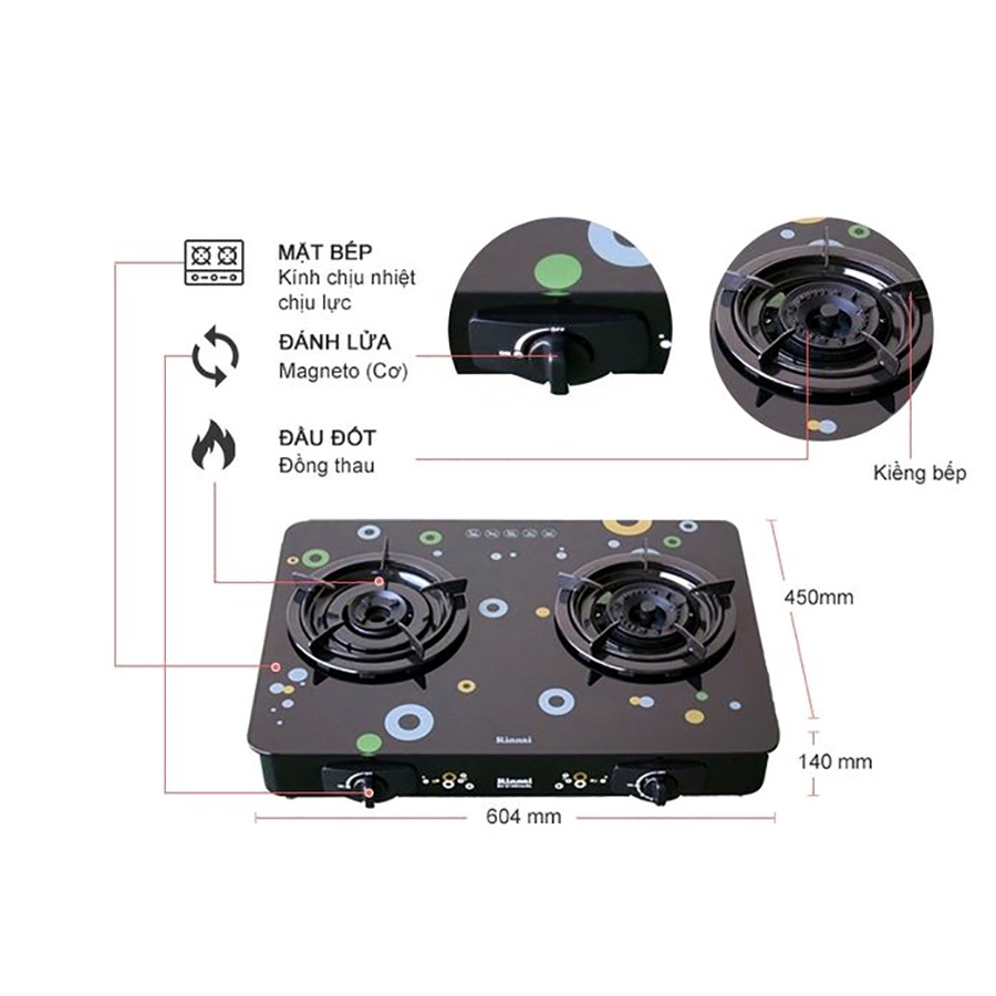 Bếp gas đôi Rinnai RV-615Slim Mặt kính cường lực, Chén đồng có đầu hâm