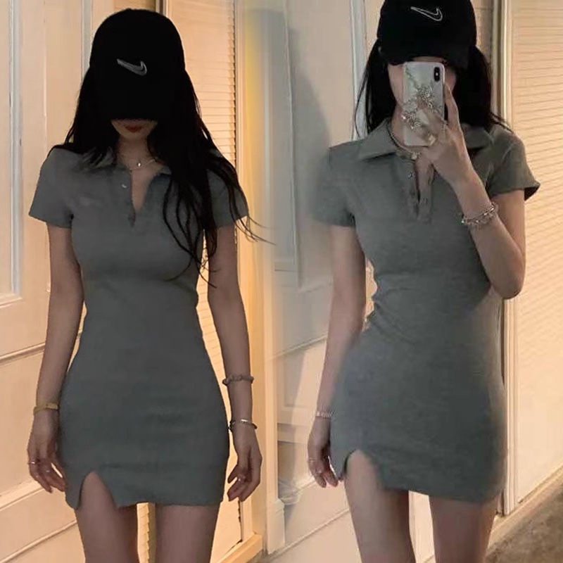 Đầm Tay Ngắn Cổ Polo Thiết Kế Mới Quyến Rũ Thời Trang Theo Phong Cách Hàn Quốc Cho Nữ