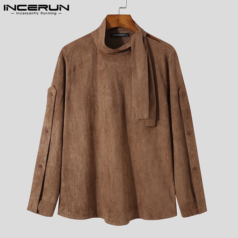Áo INCERUN Dáng Rộng Tay Dài Cổ Phối Dây Thắt Màu Trơn Thời Trang Cho Nam