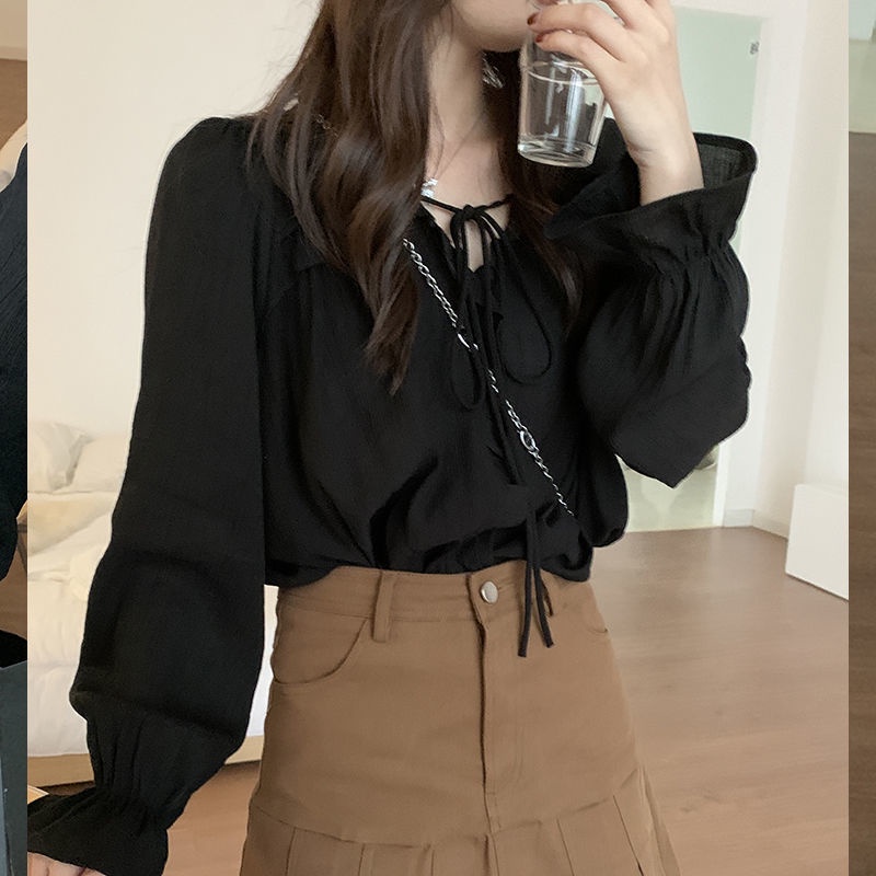 Áo nữ IELGY tay dài loe buộc dây rộng rãi viền cổ V