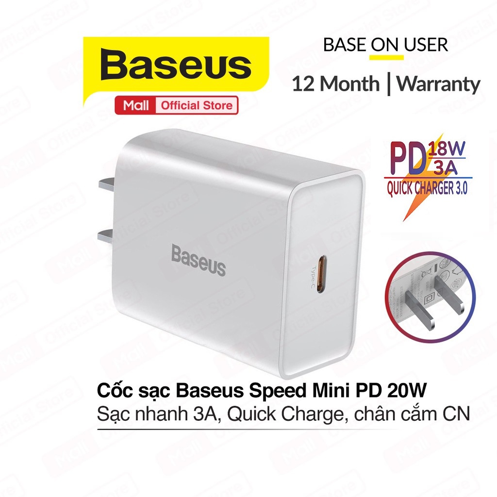 Củ sạc nhanh Baseus Speed Mini một cổng sạc Type-C PD18W, sạc nhanh 3A, Quick Charge, tương thích nhiều thiết bị (CN)