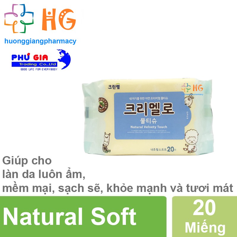 Khăn giấy ướt Hàn Quốc Natural Soft - Chiết xuất trái Bơ, Chanh, tinh dầu Olive (Gói 20 Miếng)
