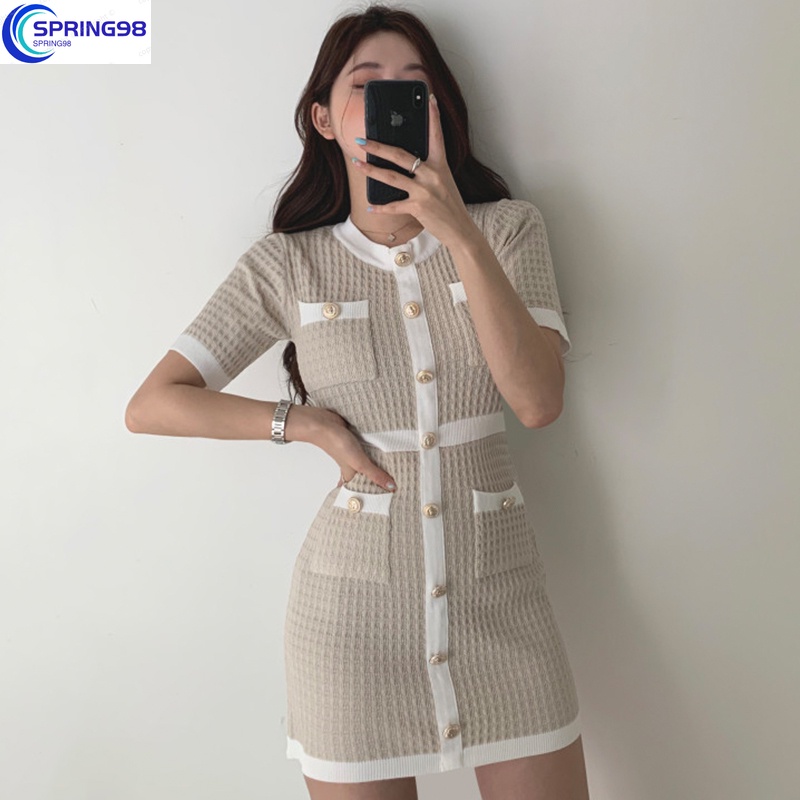 Spring98 Đầm Dệt Kim Mini Cổ Tròn Xinh Xắn Theo Phong Cách Retro Dành Cho Nữ