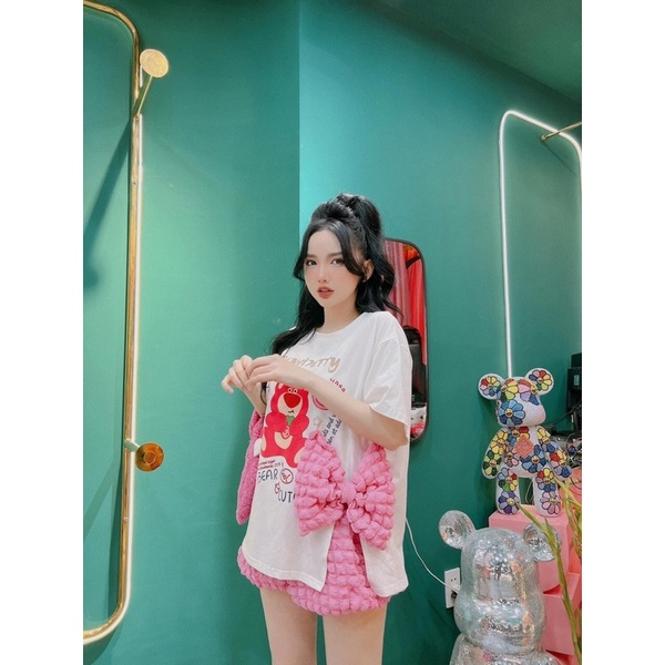 Set áo cotton nơ hồng quần đùi đủ màu xinh xắn Y4