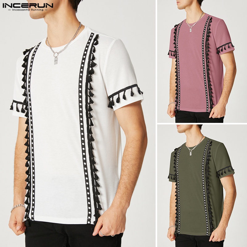 Áo thun INCERUN tay ngắn cổ tròn phối tua rua kiểu thổ cẩm thời trang dành cho nam