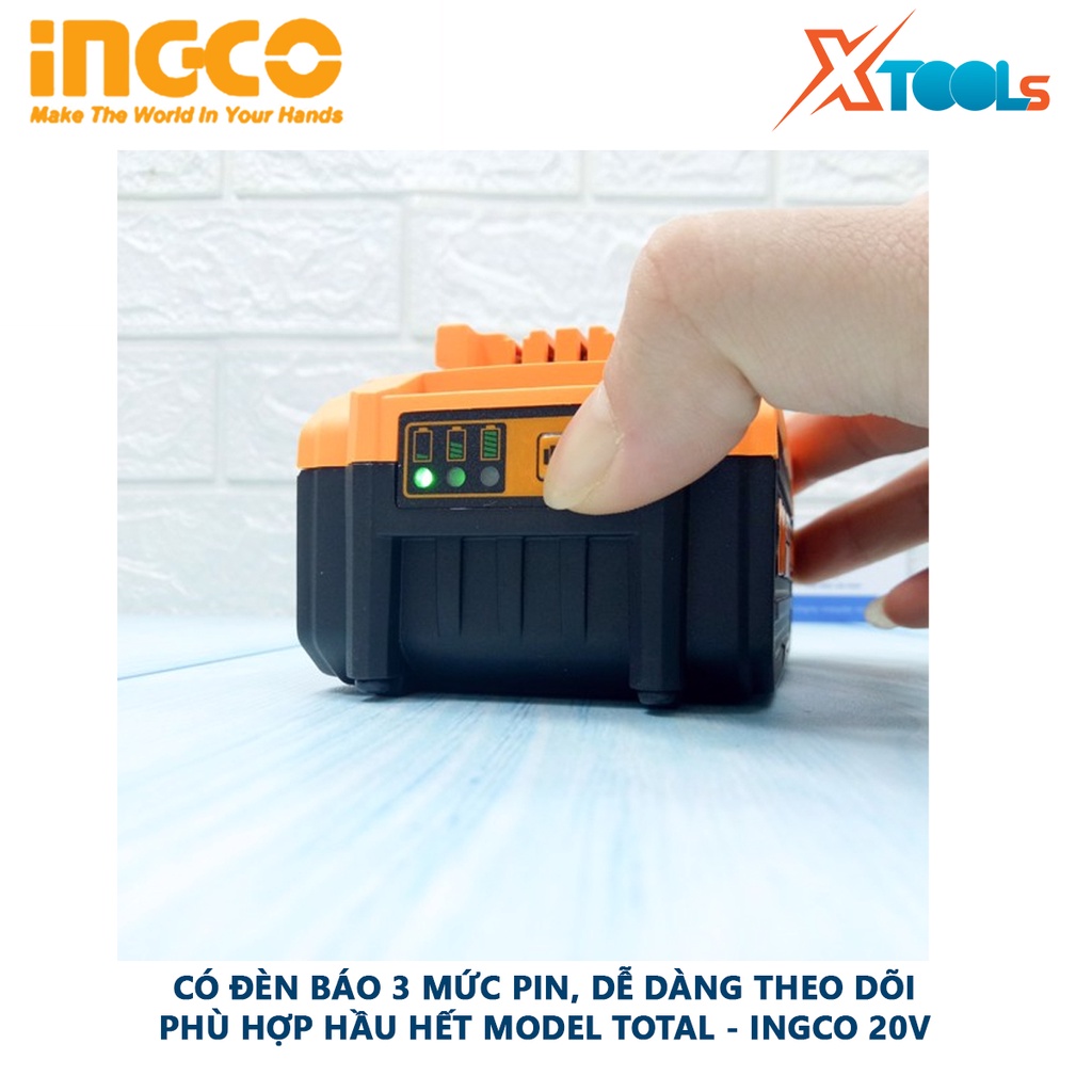 Pin 20v 4.0AH INGCO FBLI2002 | pin sạc có dung lượng pin Lithium-ion 4.0Ah, phù hợp cho nhiều máy pin 20V Total Ingco
