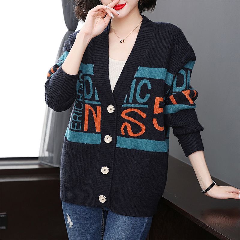 Áo Khoác Len Cardigan Phăng Chữ Phối Màu Cổ V Cài Khuy Tay Dài