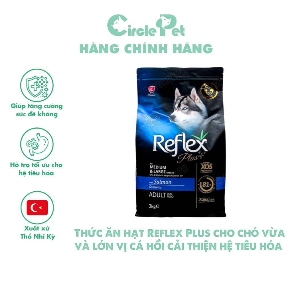 Thức ăn hạt Reflex Plus cho chó vừa và lớn vị cá hồi cải thiện hệ tiêu hóa túi 3kg - Circle Pet