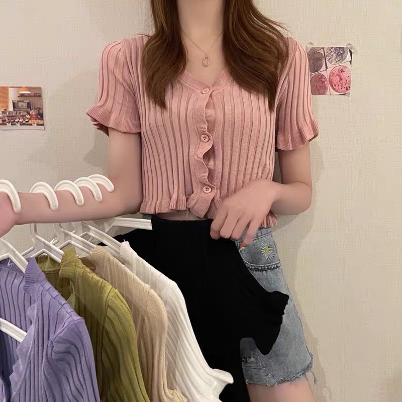 Áo Croptop phông nữ sexy dệt kim blackpink Ngắn Tay Cổ Chữ V Màu Trơn Phong Cách Hàn Quốc