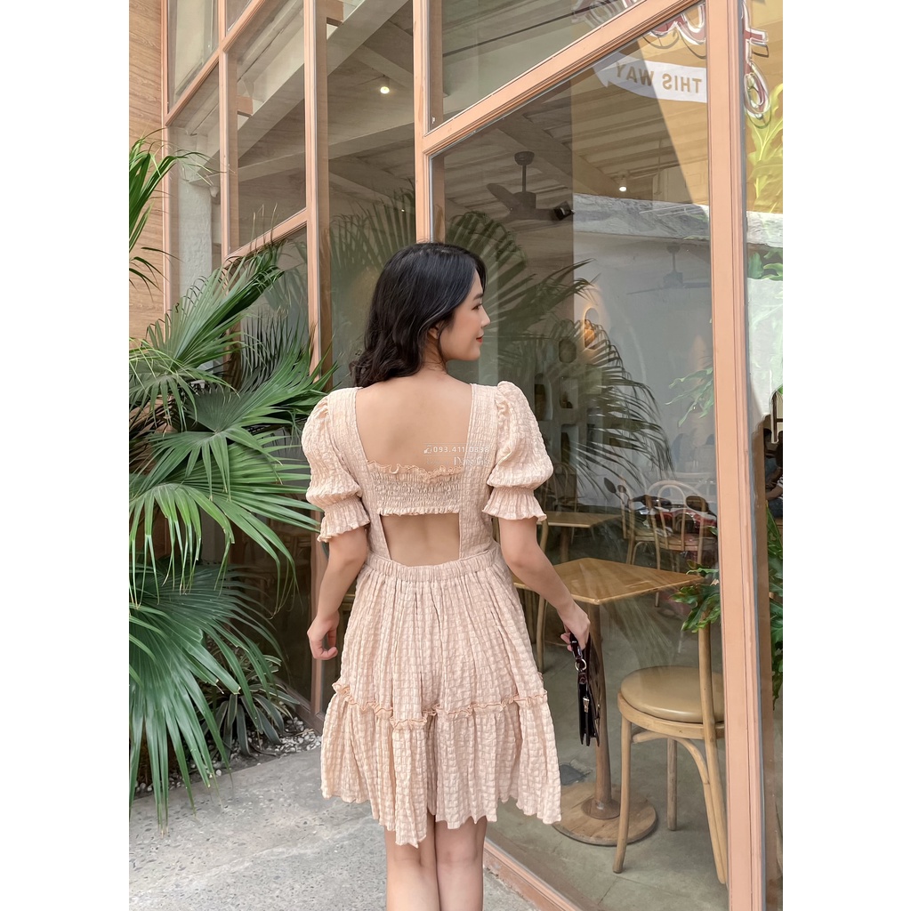 Đầm dự tiệc tay phồng hờ lưng xốp nhún DG4279