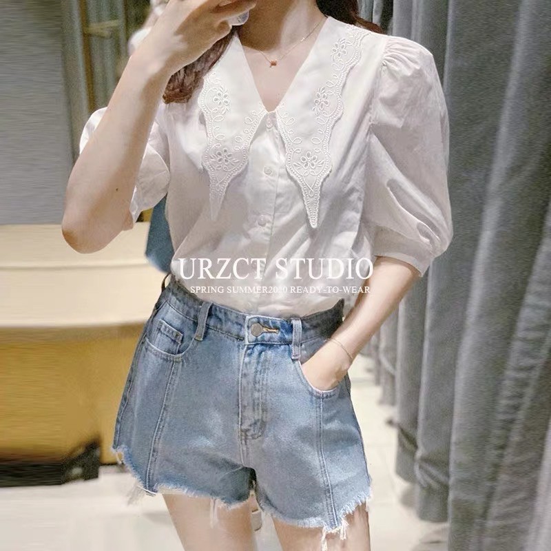 Sơ mi trắng cổ vạt thêu  vnxk