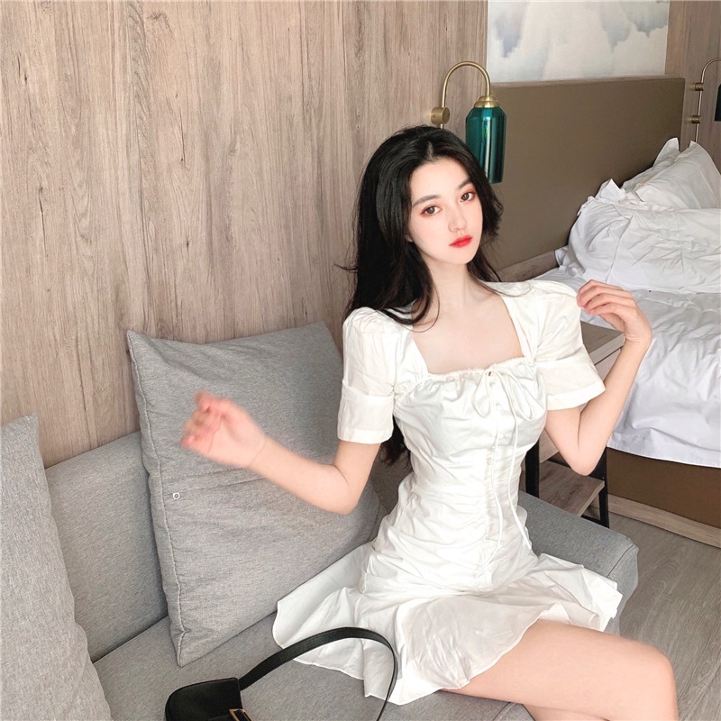 Váy mini cổ vuông phối dây thắt nơ thời trang phong cách Pháp cho nữ | BigBuy360 - bigbuy360.vn