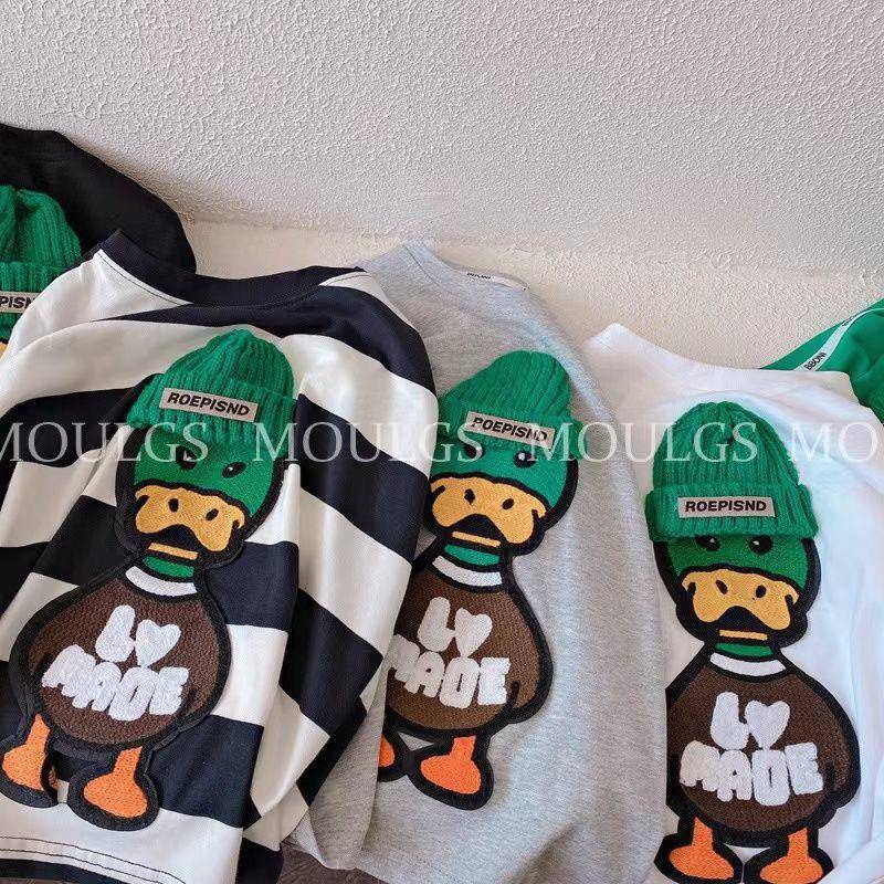 Áo Thun Tay Ngắn Cổ Tròn Chất Cotton Thêu Hình Vịt Phong Cách Hàn Quốc Thời Trang Mùa Hè Cho Bé