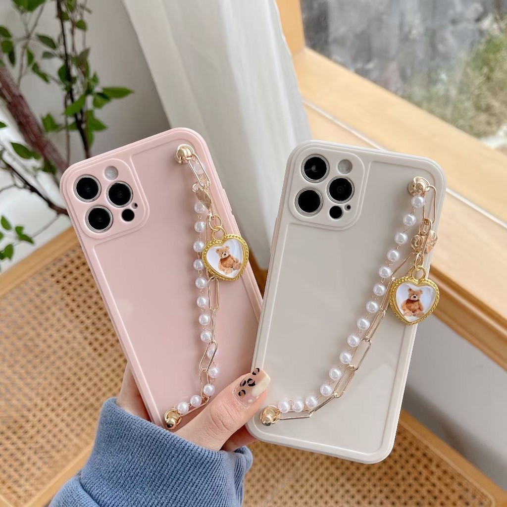 Ốp Điện Thoại Màu Be/Hồng Đính Ngọc Trai Có Dây Đeo Hình Gấu Dễ Thương Cho Iphone 12 X 11PRO MAX 12 PRO MAX