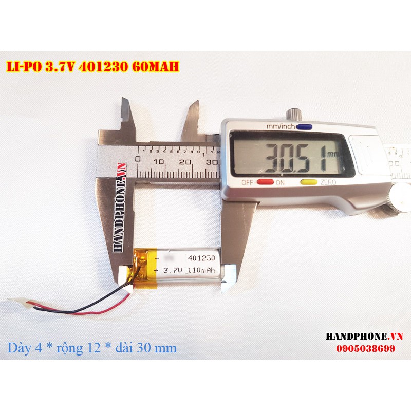 Pin Li-Po 3.7V 401230 110mAh (Lithium Polymer) cho tai nghe Bluetooth, máy ghi âm, máy nghe nhạc, thiết bị điện tử