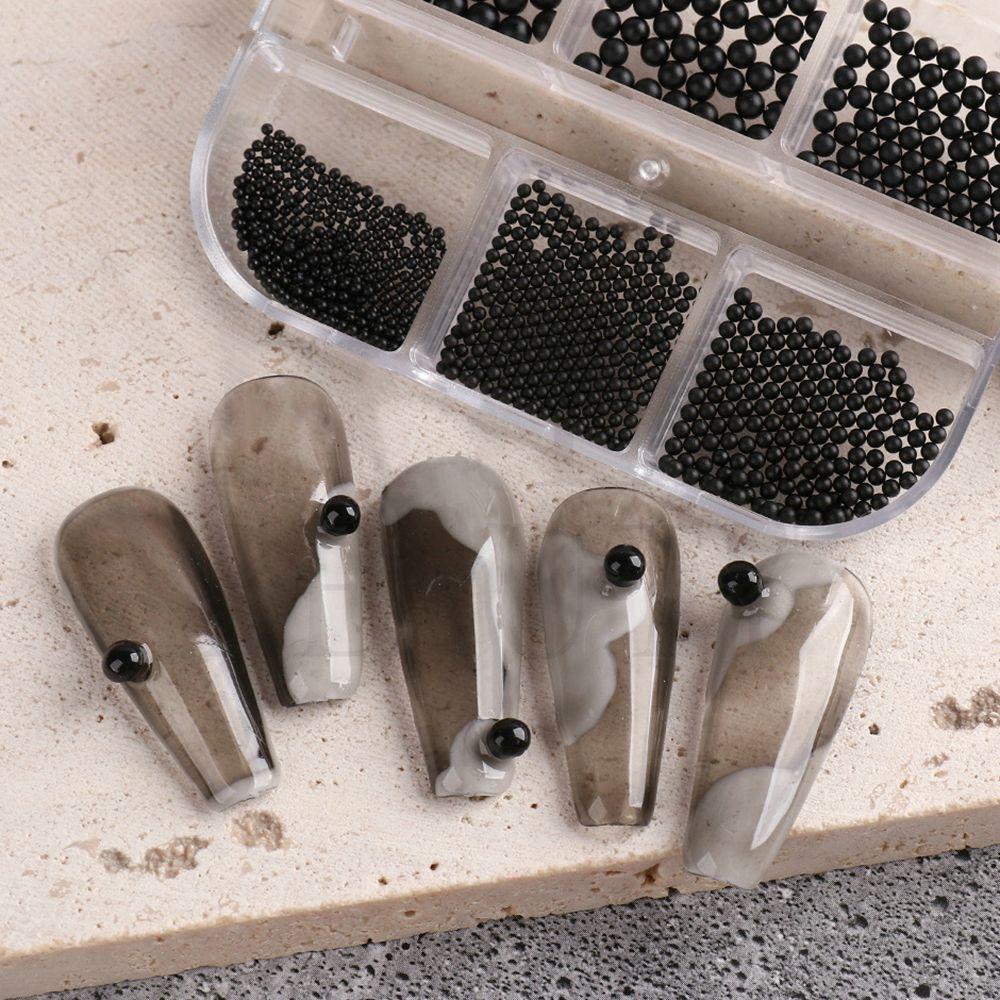 Hộp 6 Ngăn Đựng Hạt Tròn Mini 1-3mm Màu Đen Nhám Trang Trí Móng Nghệ Thuật DIY