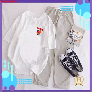 Sét Bộ Đồ Nữ Mặc Đi Chơi Dạo Phố Mùa Hè, Áo Phông In Logo Tim TaTa Mix Quần Kaki Phong Cách Teen Hàn Quốc Siêu Xinh