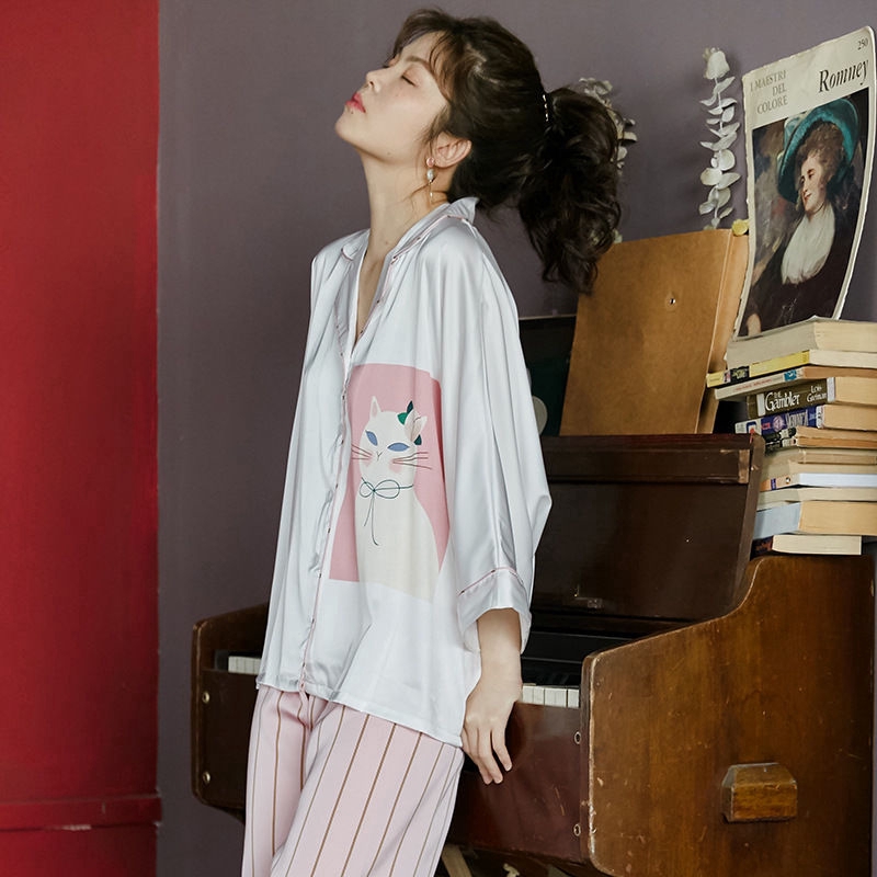 Bộ Đồ Ngủ Tay Cánh Dơi In Hình Mèo Dễ Thương Cho Nữ