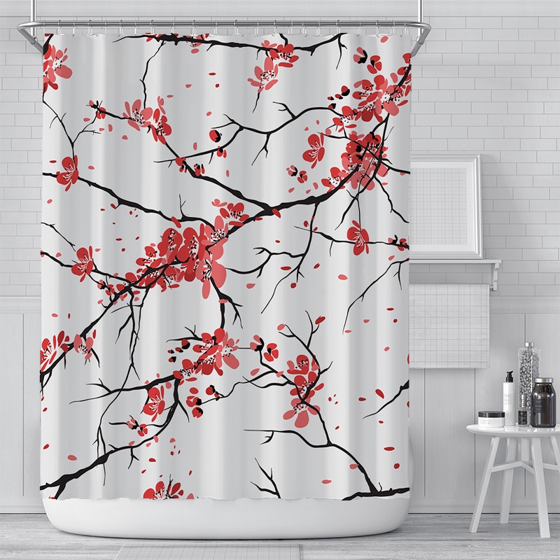 Rèm Cửa Nhà Tắm Chất Liệu Polyester Chống Thấm Nước Họa Tiết Hoa Anh Đào Nở Màu Hồng Có Móc Treo Tiện Dụng